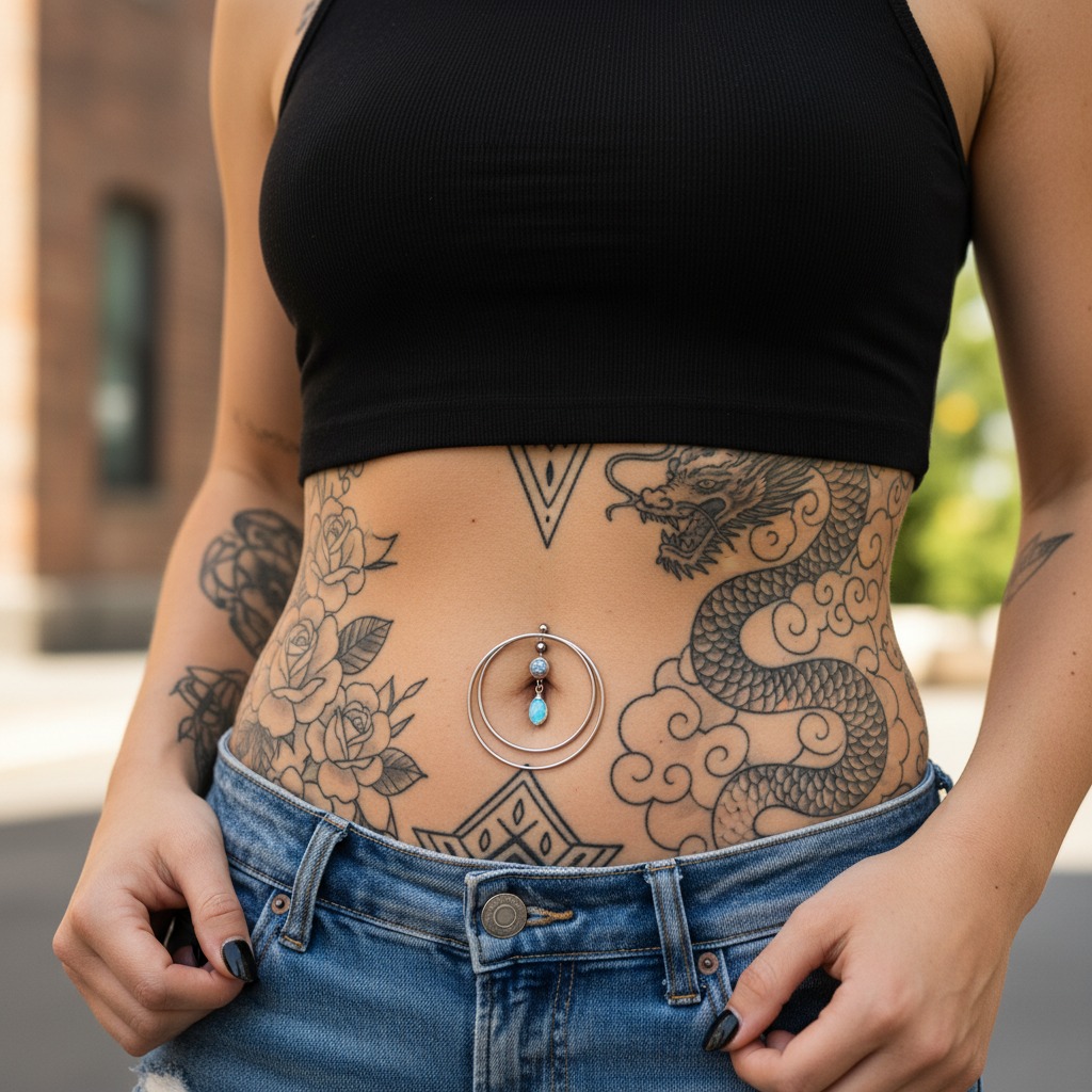 Belly button piercing on tattooed belly