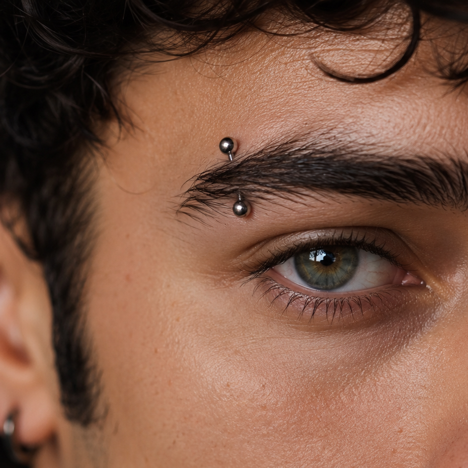 Eyebrow piercing on man