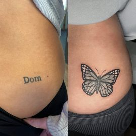 Name cover up tattoo done by Anna at Tiger and Rose Tattoo, London