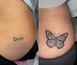 Name cover up tattoo done by Anna at Tiger and Rose Tattoo, London