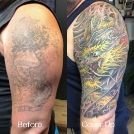 Tattoo Cover Ups & Re-Works Japanese dragon tattoo cover up done by Phetrus at Tiger & Rose Tattoo, Seven Sisters, London