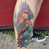 Colourful fire bird tattoo done by Anna at Tiger and Rose Tattoo, London
