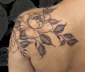 Flower tattoo on shoulder done by Anna at Tiger and Rose Tattoo, London