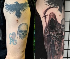Tattoo cover up of grim reaper by Peter at Tiger and Rose Tattoo, Tottenham, London