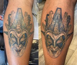 Before and after old jester tattoo is re-worked