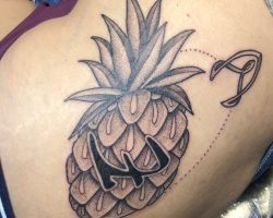 Black & Grey Tattoos Upside down pineapple tattoo done at Tiger & Rose Tattoo, London