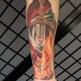 Colour realism Polish flag and sword done by Peter at Tiger and Rose Tattoo, London