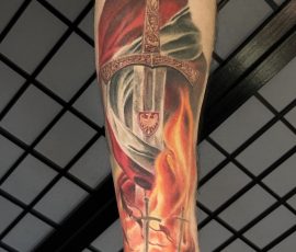 Colour realism Polish flag and sword done by Peter at Tiger and Rose Tattoo, London
