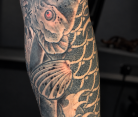 Japanese koi fish tattoo done by Phetrus at Tiger and Rose Tattoo, Tottenham, London