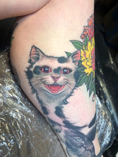 Cat tattoo done at Tiger and Rose Tattoo, London