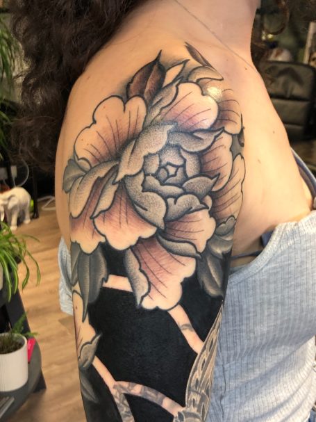 Peony tattoo done at Tiger and Rose Tattoo, London