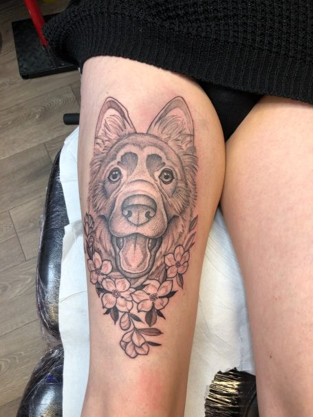 German Shepard tattoo done at Tiger and Rose Tattoo, London