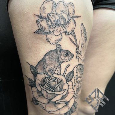 Black and grey tattoo done at Tiger and Rose Tattoo, London