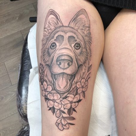 Dog memorial tattoo done at Tiger and Rose Tattoo, London