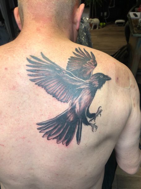 Crow tattoo done at Tiger and Rose Tattoo, London