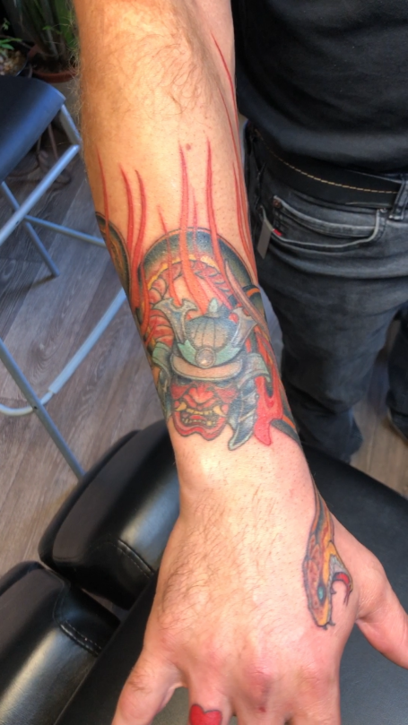 Hannya mask tattoo done at Tiger and Rose Tattoo, London