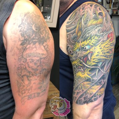 Japanese dragon cover up, done at Tiger and Rose Tattoo, London