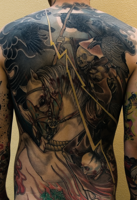 Japanese style back piece done by Phetrus at Tiger and Rose Tattoo, London